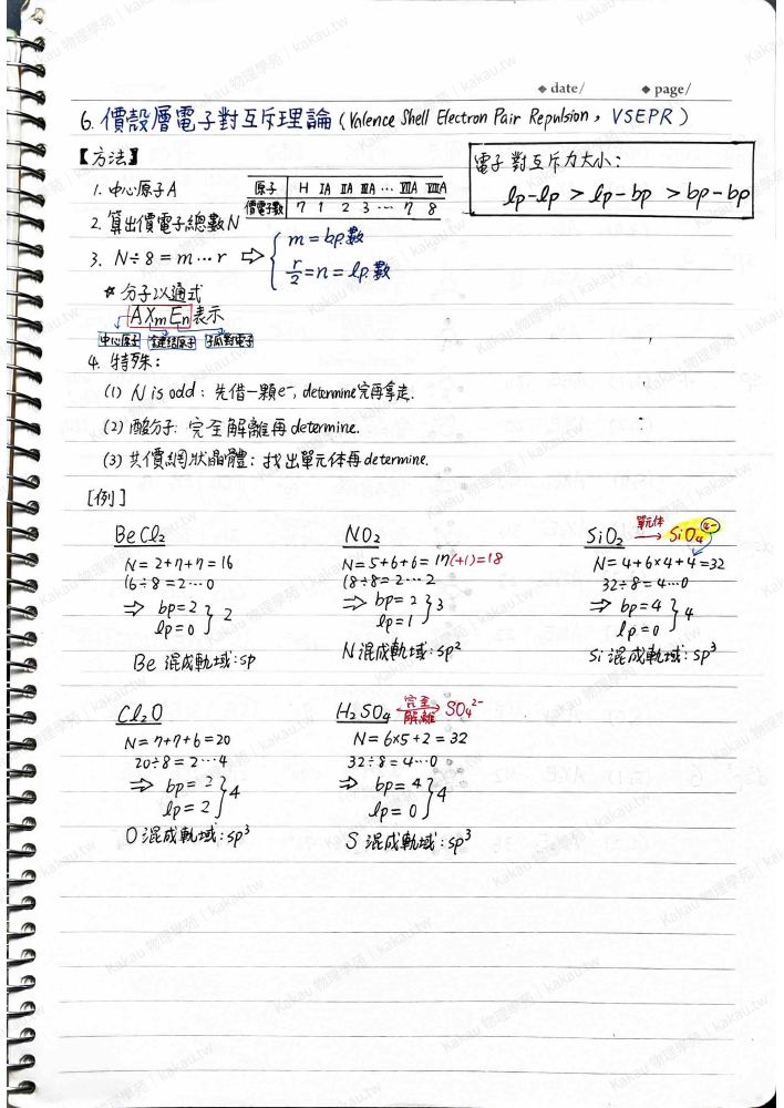手寫筆記中的 VSEPR 價殼層電子對互斥理論與分子例題。