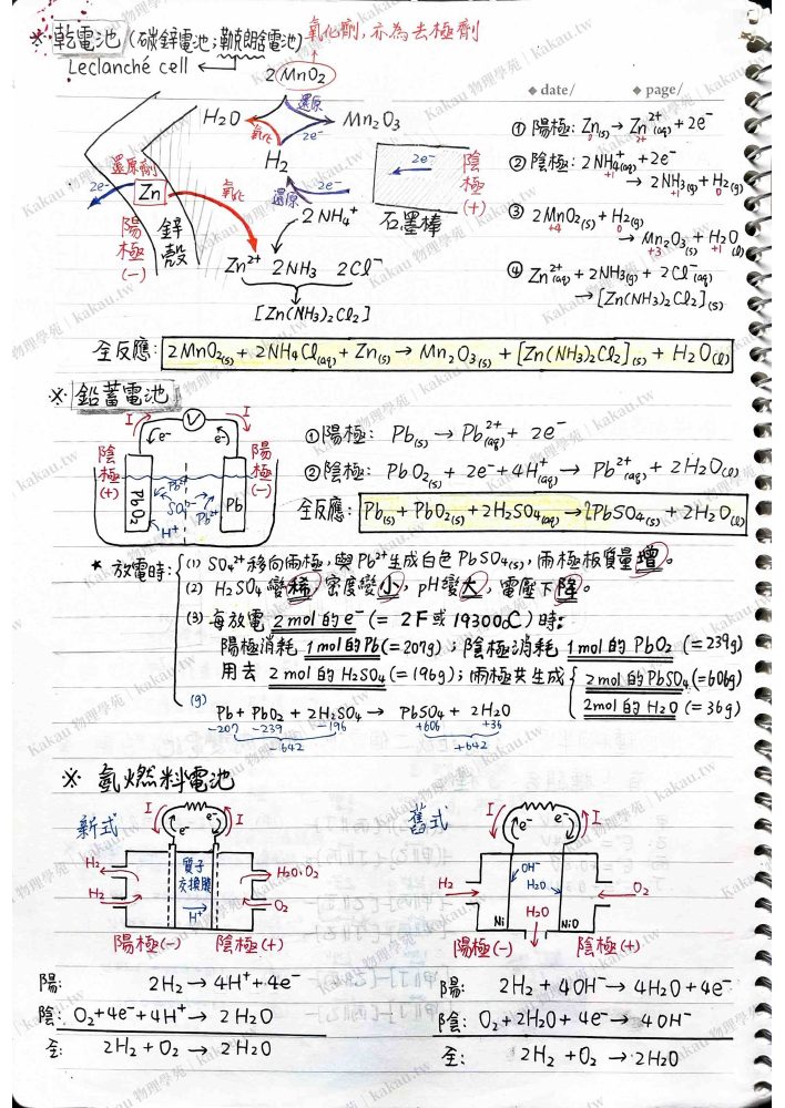手寫筆記中的乾電池、鉛蓄電池與氫氧燃料電池。