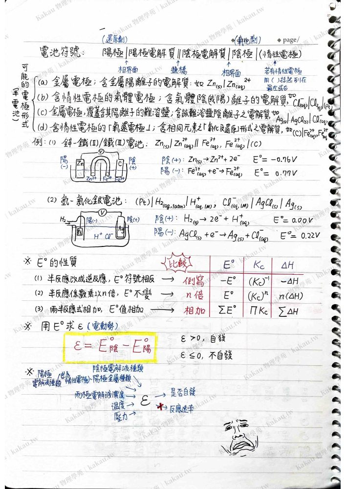 手寫筆記中的電池符號、電池電壓與標準還原電位。